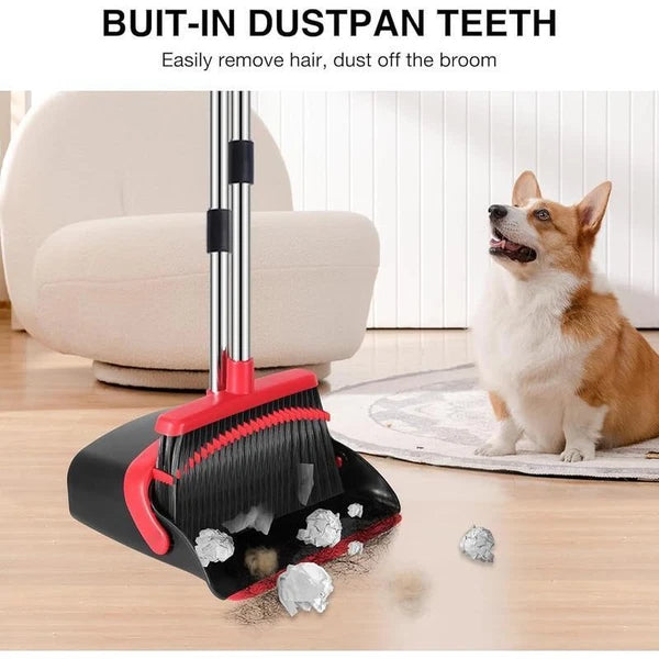 Adjustable Long Handle Broom Dustpan Combo W/ Built-in Teeth Easy Cleaning New