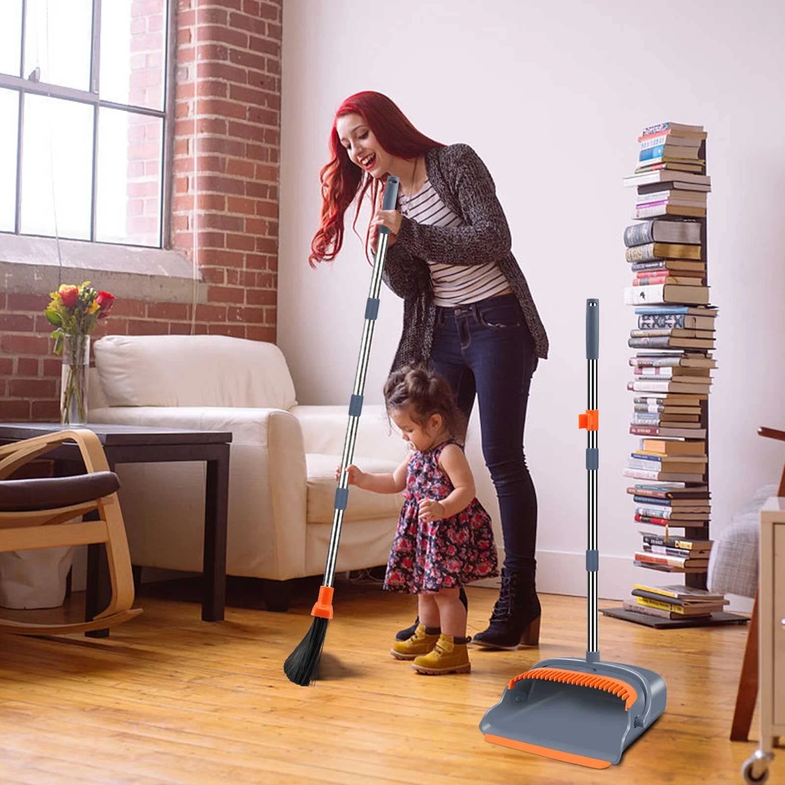 Broom and Dustpan Set Self-Cleaning with Dustpan Teeth Indoor New