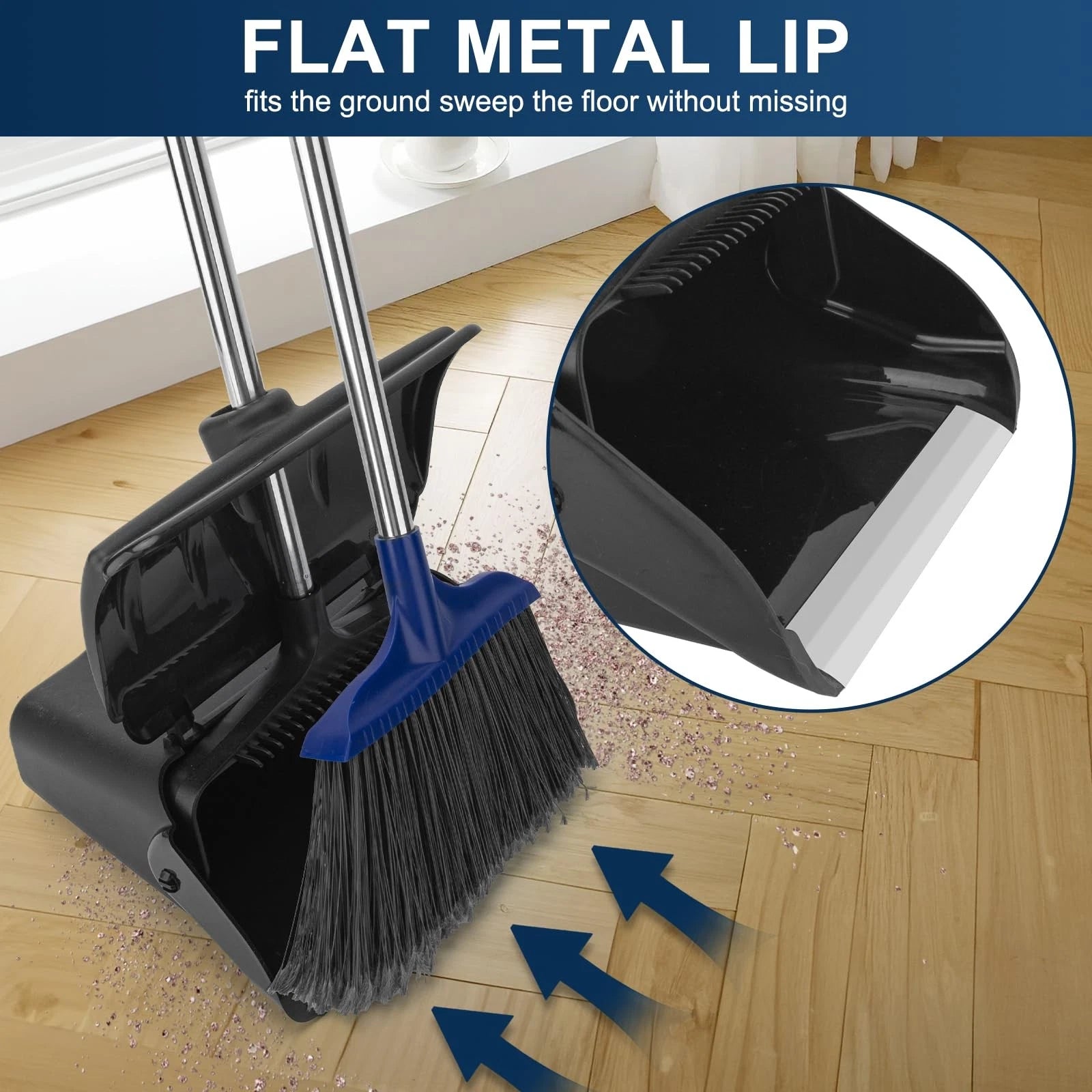 Outdoor Heavy Duty 2 Brooms and Dustpan Set with Aluminum Flat Lip for Courty...