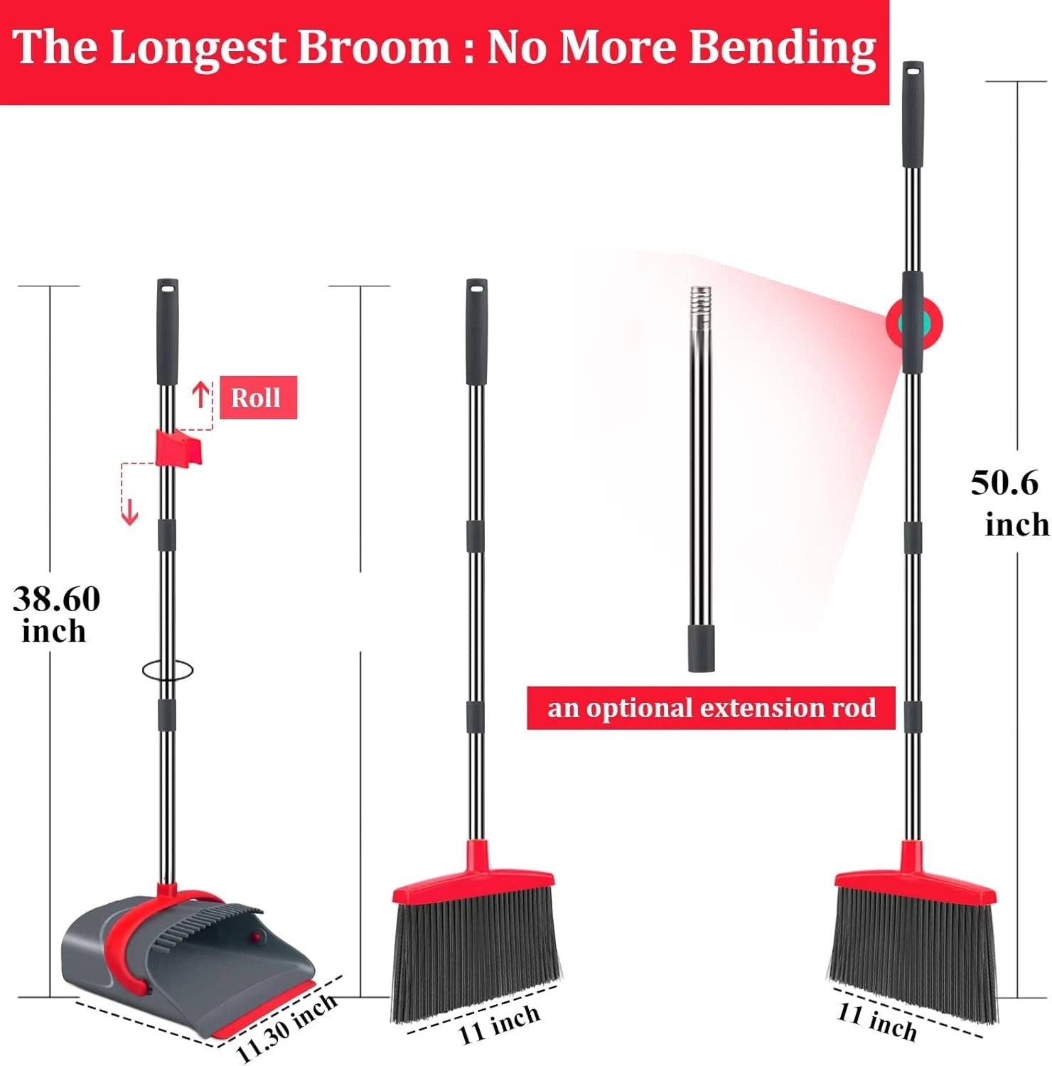 Adjustable Long Handle Dustpan Set for Effortless Home Cleaning - Gray & Red