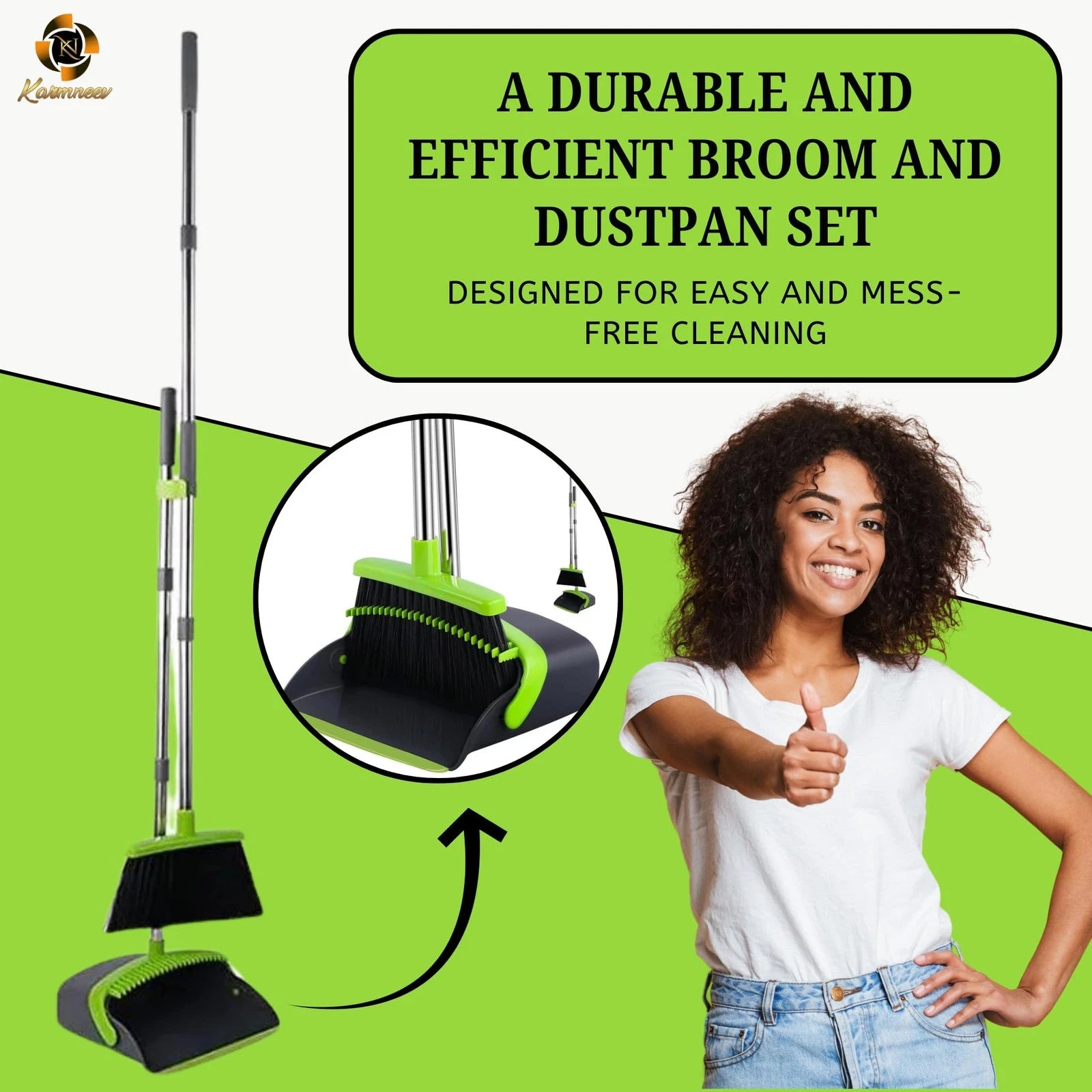 Standing Broom and Dustpan Set, Adjustable Handle 38.18"-52", No-Slip Grip