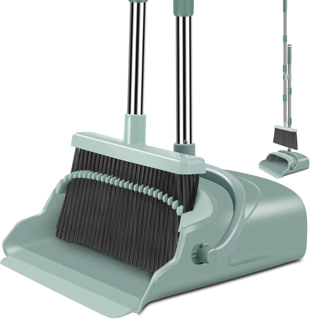 Upgraded Upright Broom & Dustpan Set – Large, Long-Handled (Green)