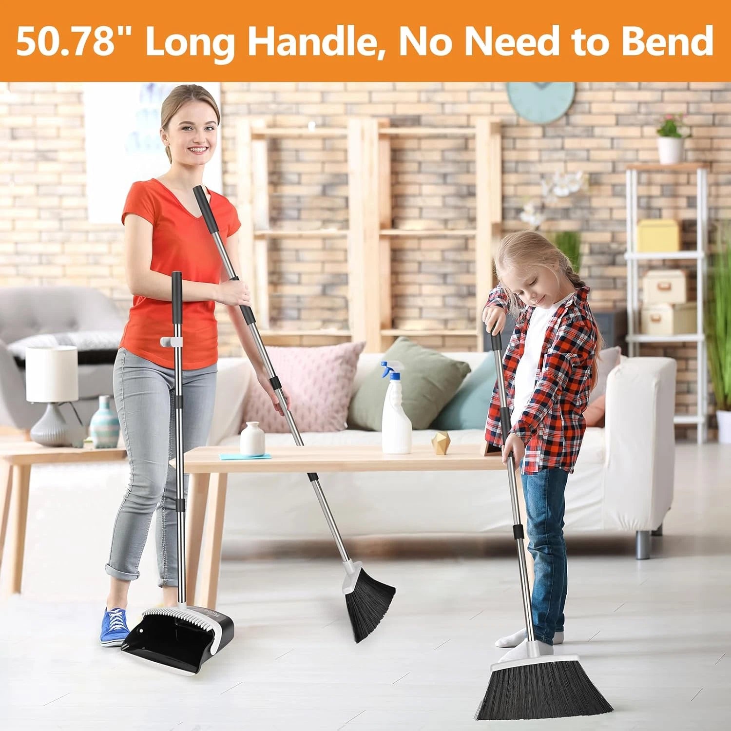 Broom and Dustpan Set, Heavy Duty Dust Pan with Long Handle 51 Inch Broom with D