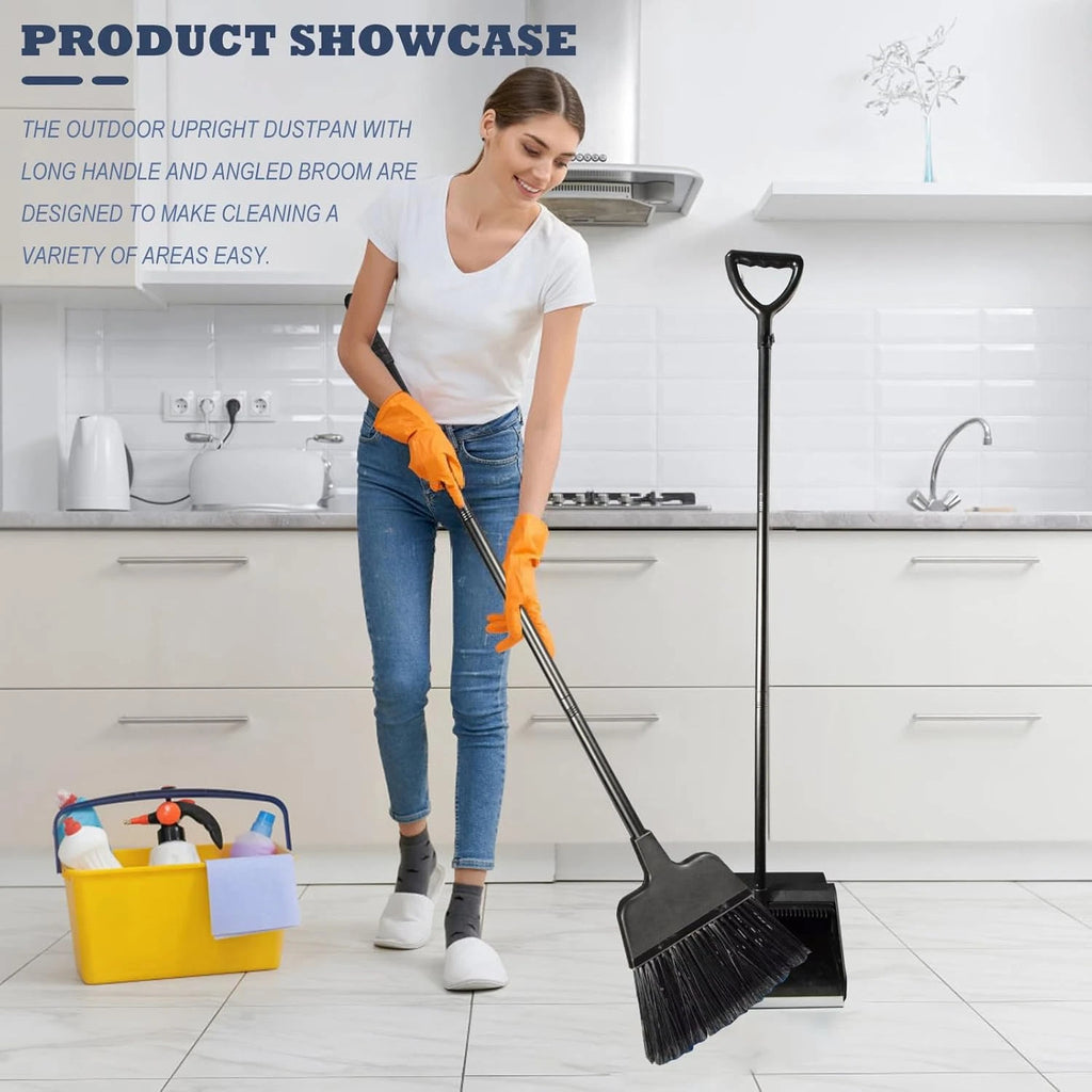 Broom with Dustpan Combo Set Outdoor Upright Dustpan and Broom Set with Long Han
