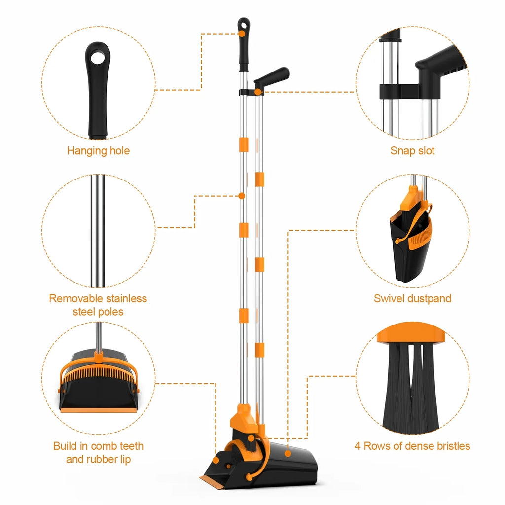 Broom and Dustpan Set for Home, Stainless Steel Ergonomics 50" Long Handle Broom