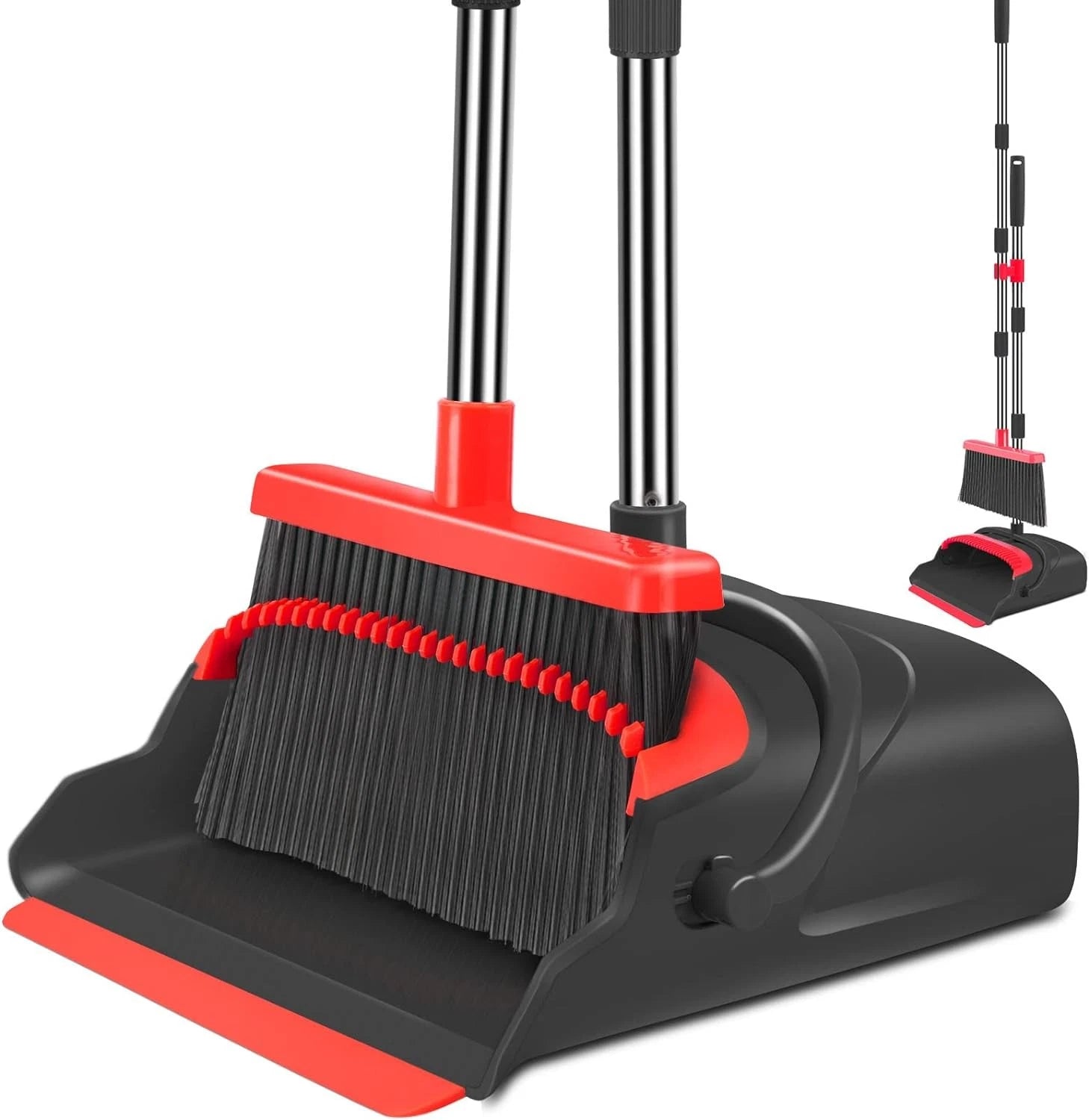 Upgrade Broom Dustpan Set, Long Handle for Indoor Outdoor (Black&Red)