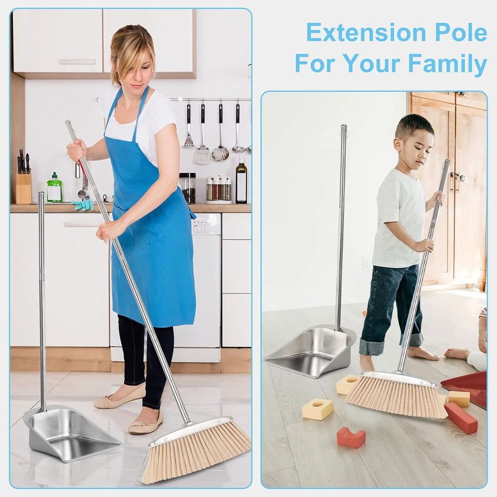 Heavy Duty Dustpan with Long Handle,  43" Stainless Steel Dust Pan Standing Upri
