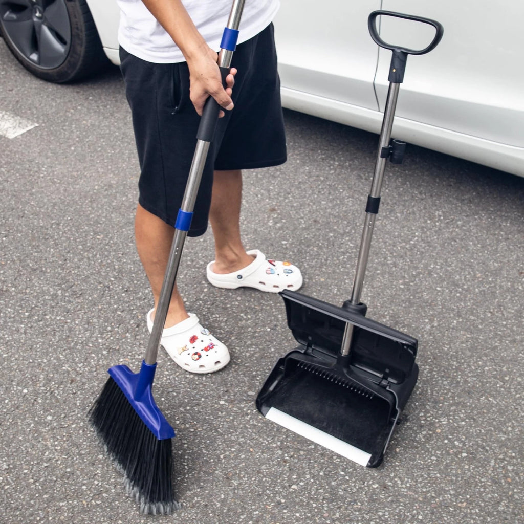 Outdoor Heavy Duty 2 Brooms and Dustpan Set with Aluminum Flat Lip for Courty...