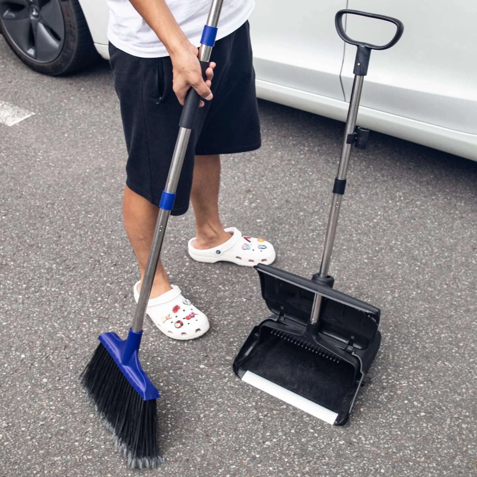 Outdoor Heavy Duty 2 Brooms and Dustpan Set with Aluminum Flat Lip for Courty...