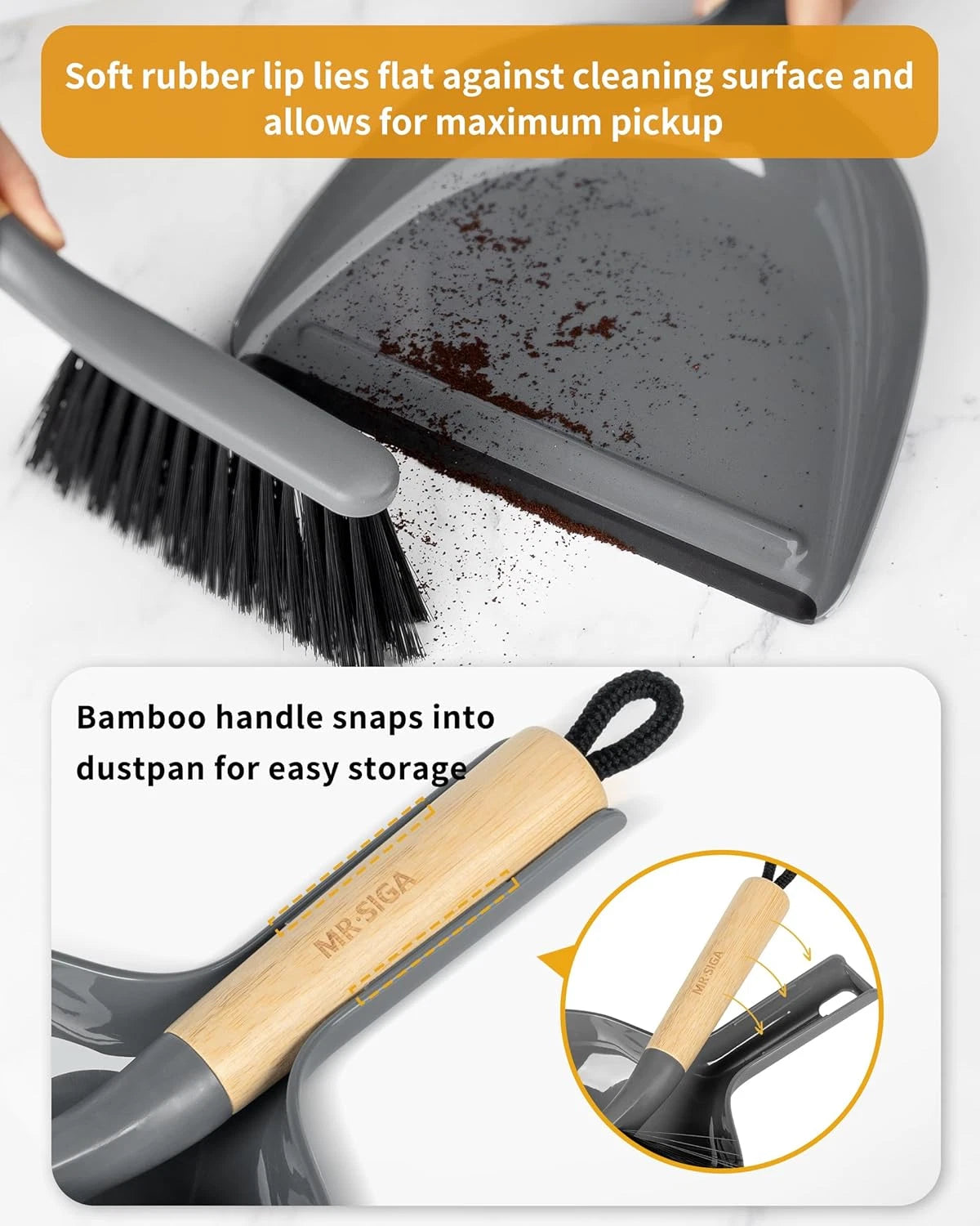 Dustpan and Brush Set Portable Cleaning Brush and Dustpan Combo w/ Bamboo Handle