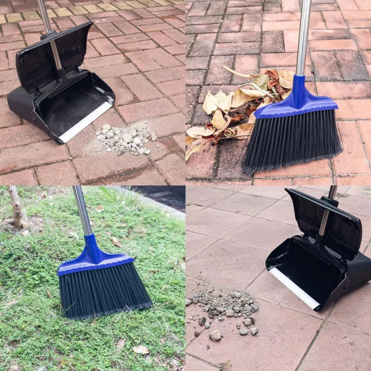 Outdoor Heavy Duty 2 Brooms and Dustpan Set with Aluminum Flat Lip for Courty...
