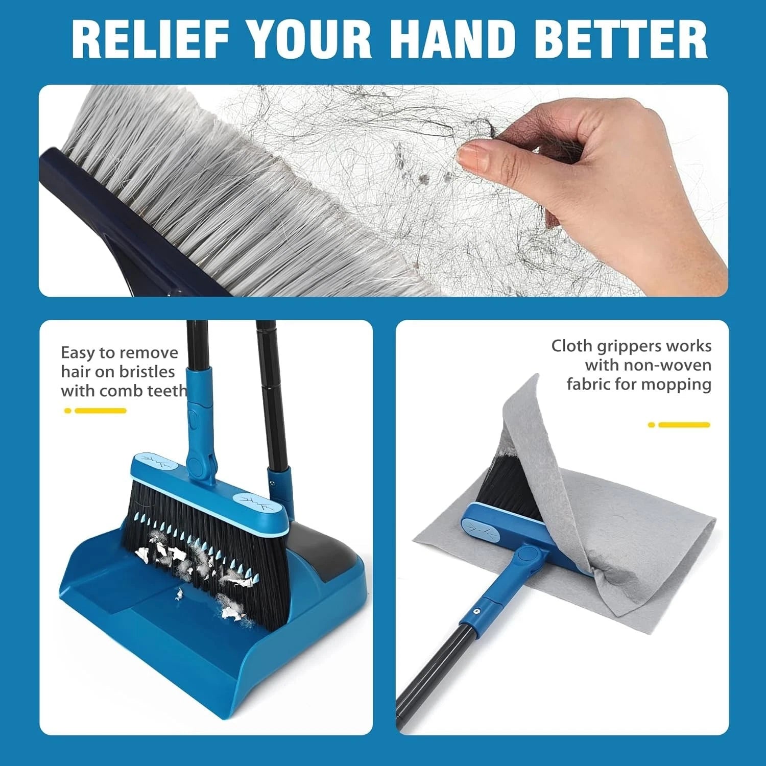 Dustpan and Brush Set, 54 inches Long Handle Swivel Broom, Upright Foldable Dust