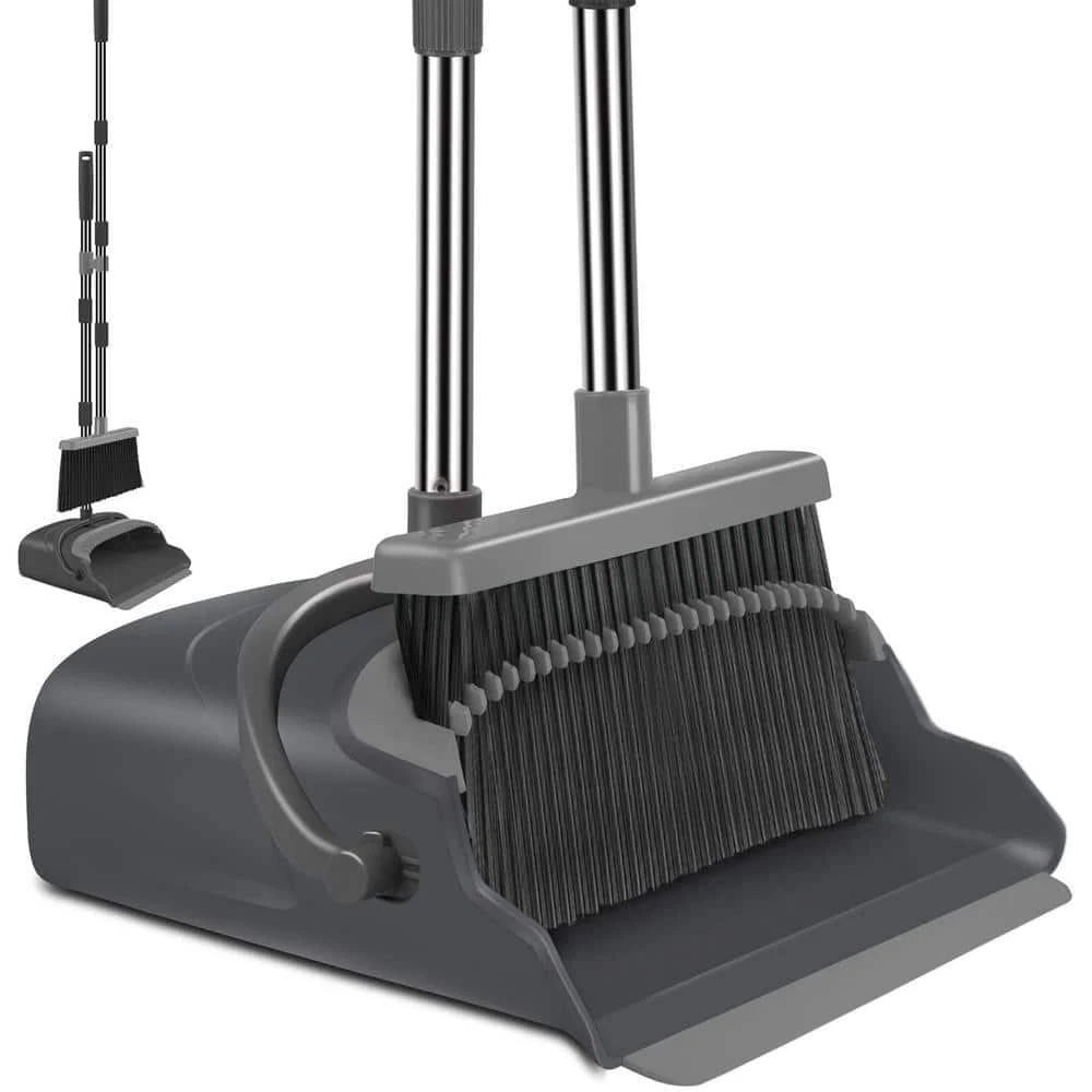 Unbranded Dusting Tools 11"W Stainless Steel Broom+Dustpan Set Upright Black