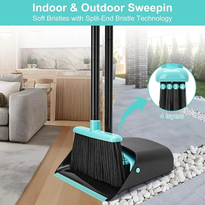 Standing Broom & Dustpan Set 52" Extendable Handle Indoor