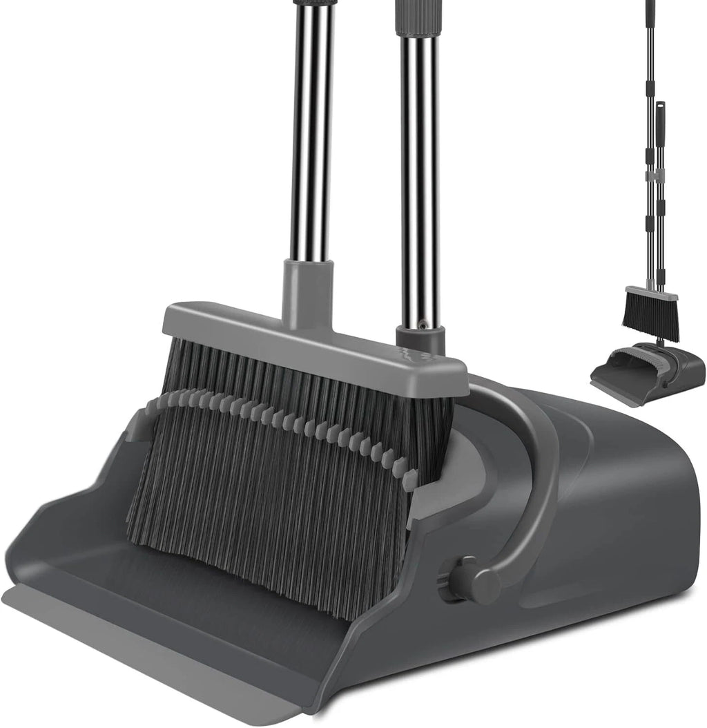 Broom Dustpan Set Home Office Indoor Outdoor Stand Up Broom Dustpan (Black&Gray)