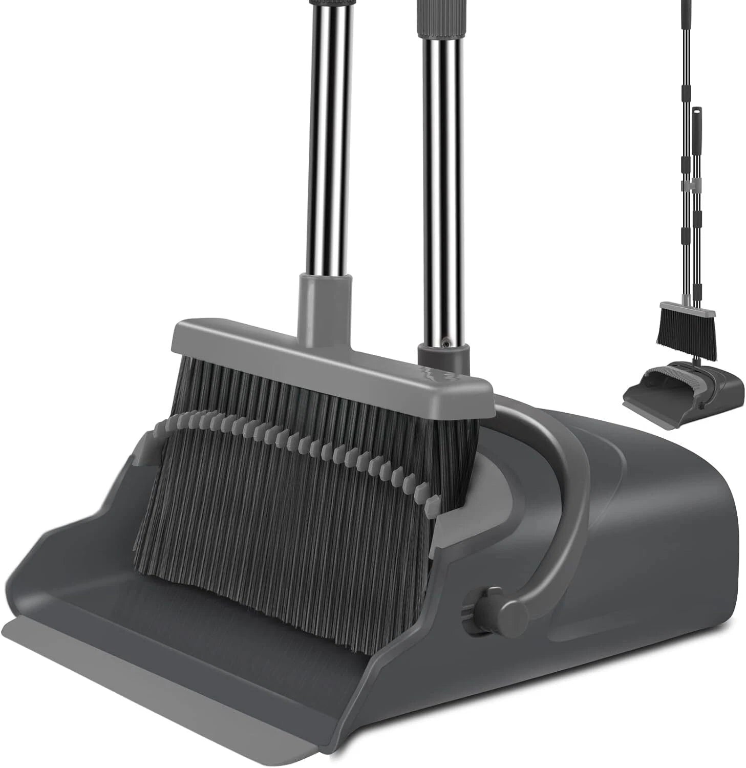 Broom Dustpan Set Home Office Indoor Outdoor Stand Up Broom Dustpan (Black&Gray)