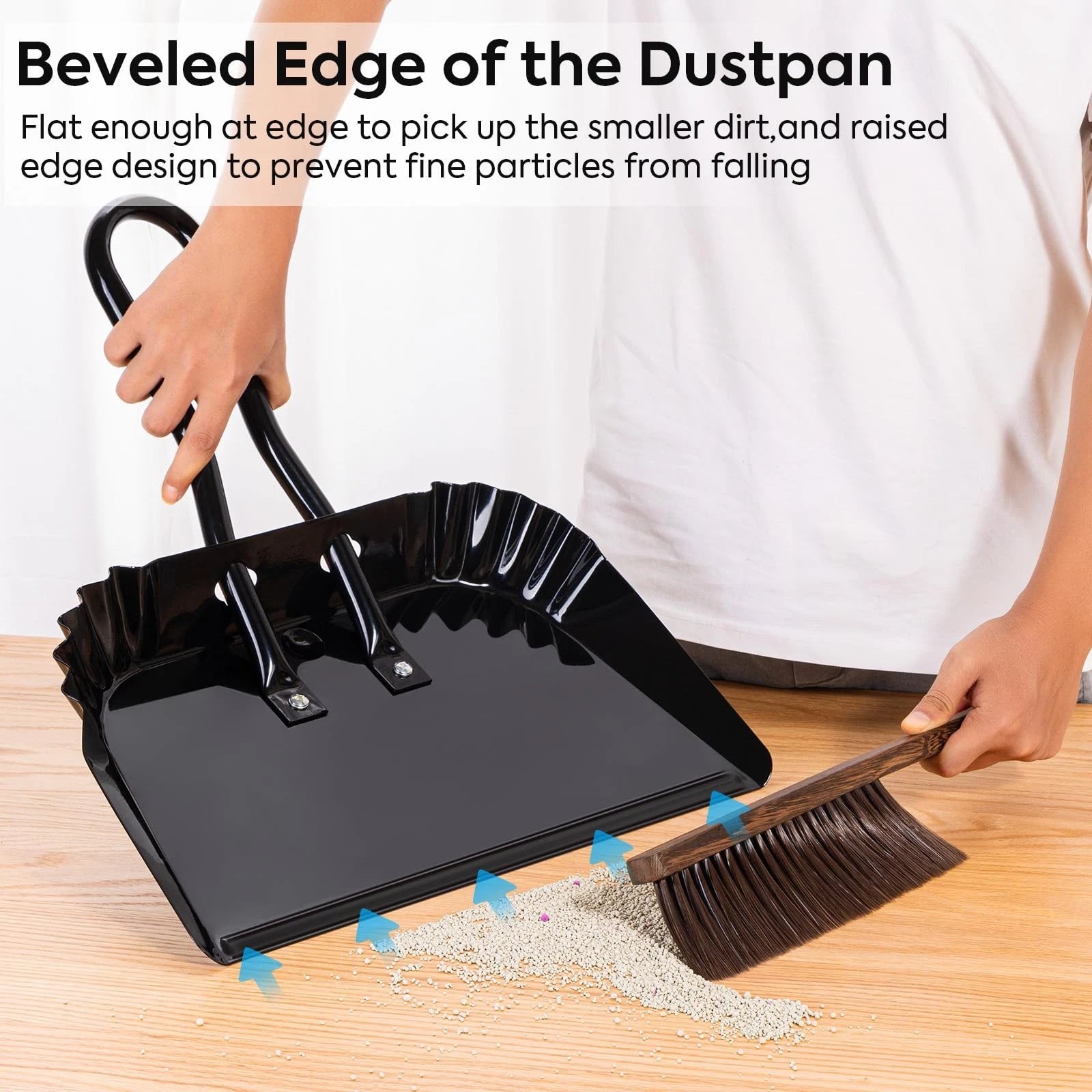 17In Metal Dustpan and Brush Set Extra Large Handheld and Wood Broom Heavy-Duty