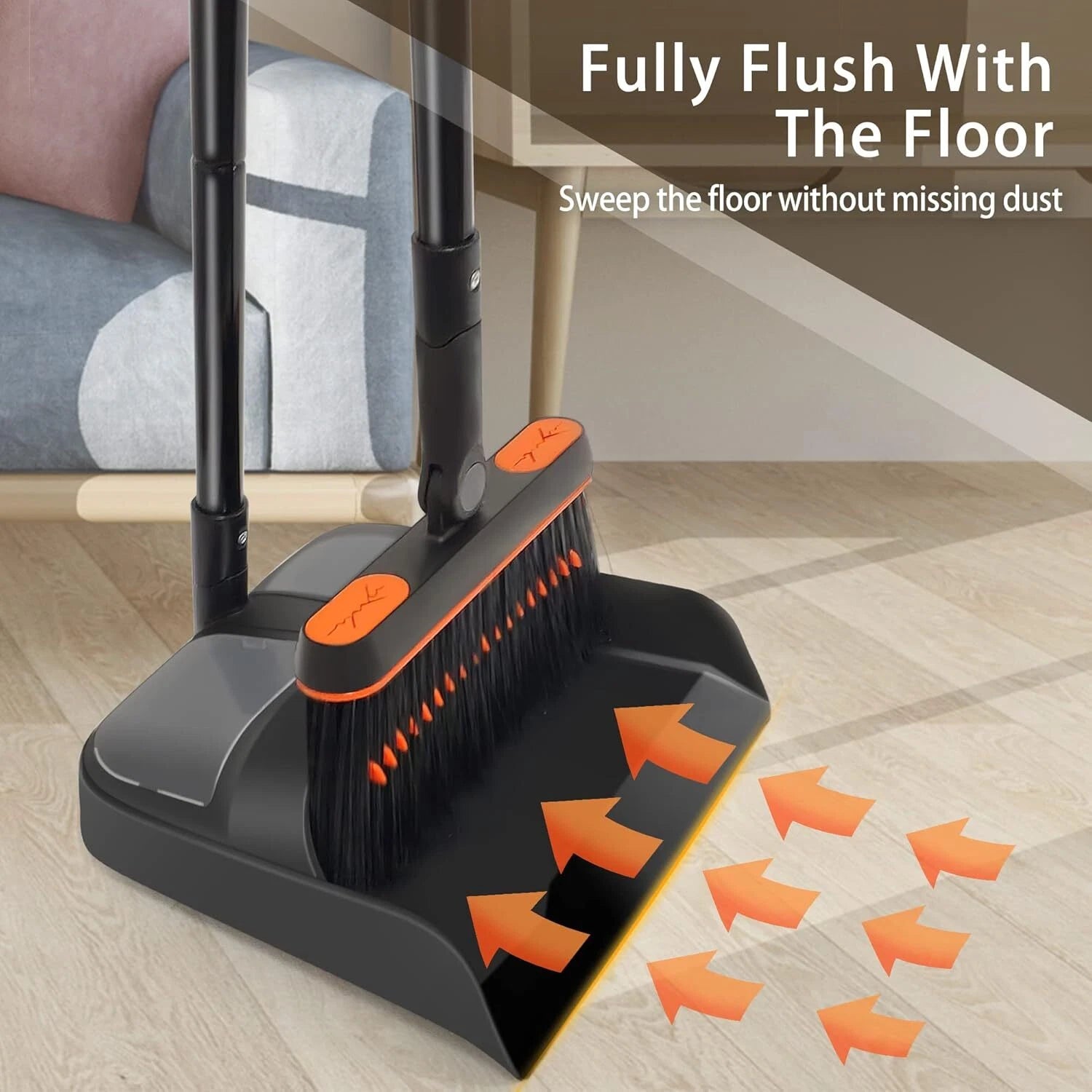 JEHONN Broom and Dustpan Set for Home, Long Handle Orange Black