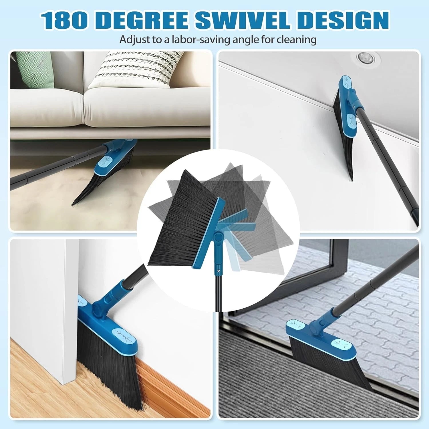 Dustpan and Brush Set, 54 inches Long Handle Swivel Broom, Upright Foldable Dust