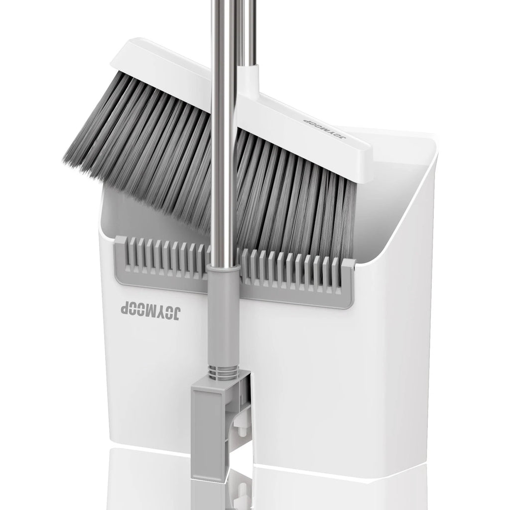 White Broom and Dustpan Set, Upright Design with Comb Teeth for Kitchen & Office