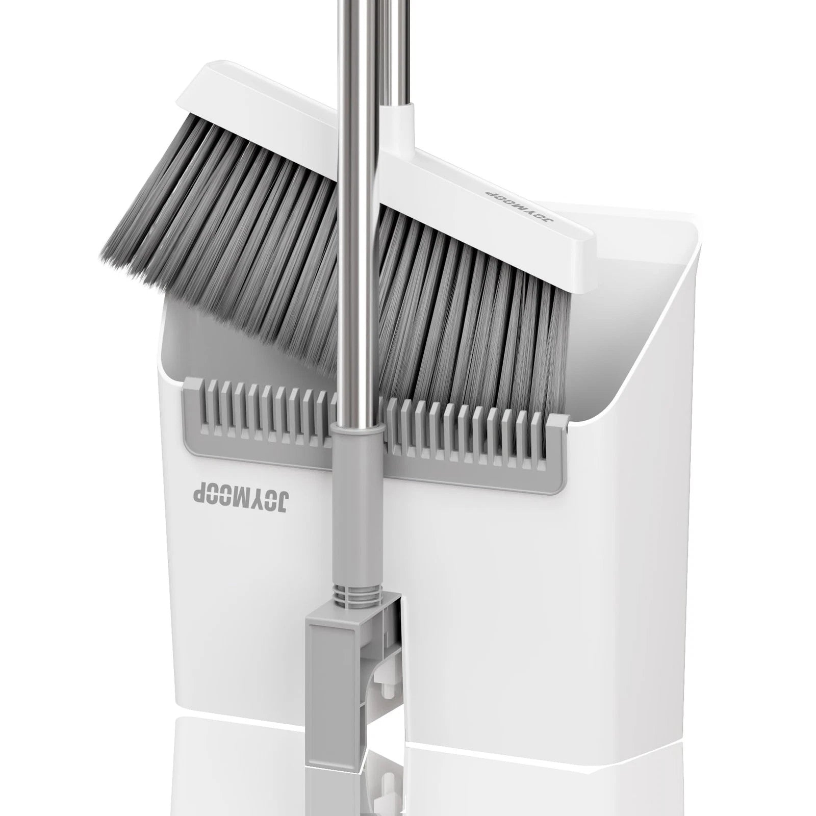 White Broom and Dustpan Set, Upright Design with Comb Teeth for Kitchen & Office