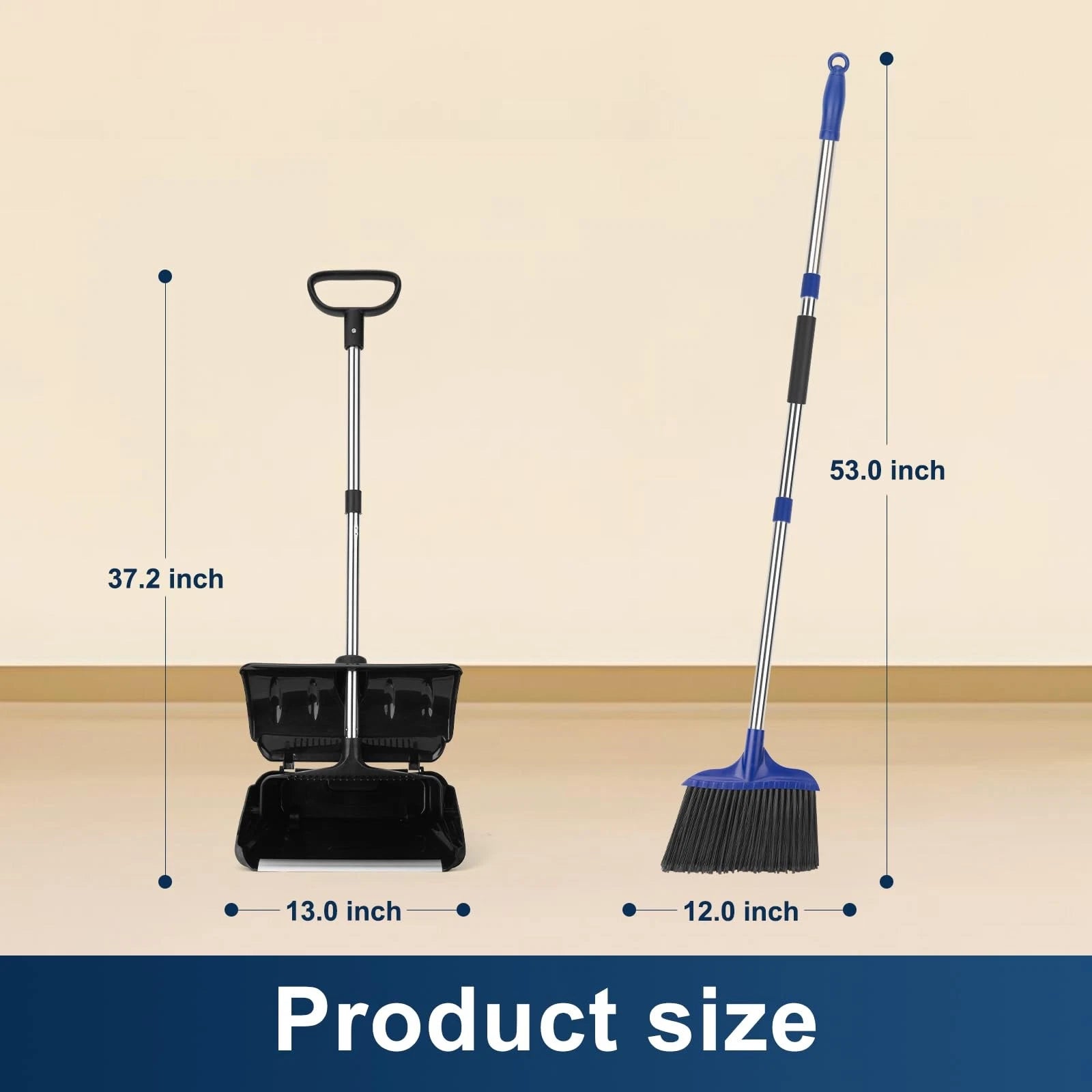 Outdoor Heavy Duty 2 Brooms and Dustpan Set with Aluminum Flat Lip for Courty...
