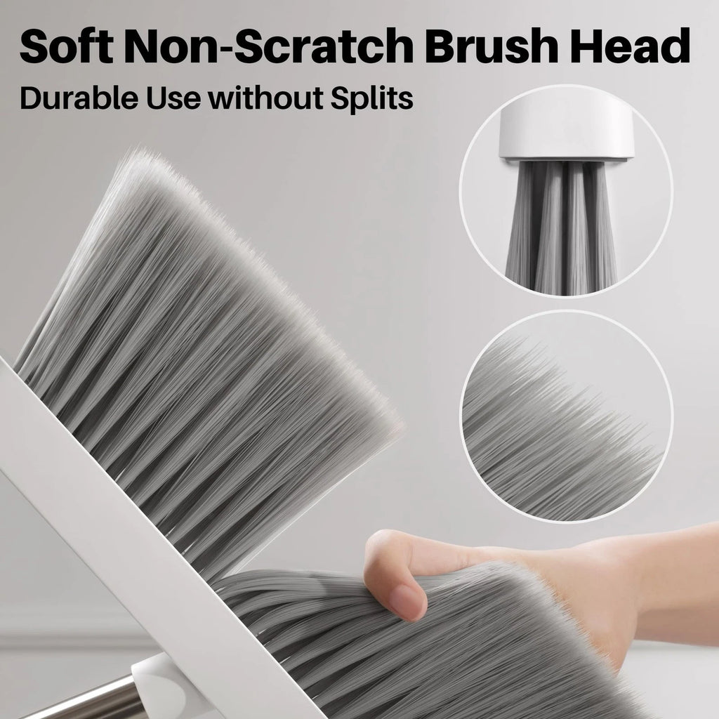 White Broom and Dustpan Set, Upright Design with Comb Teeth for Kitchen & Office