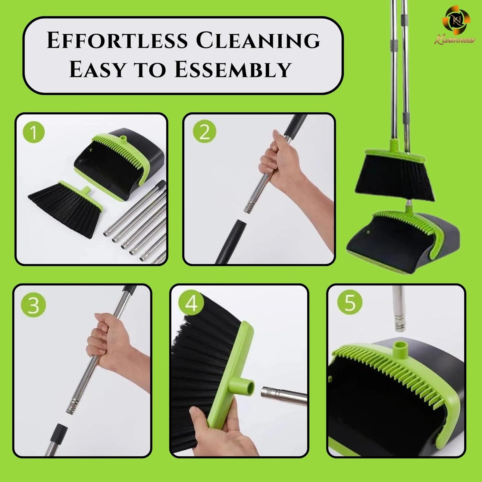 Standing Broom and Dustpan Set, Adjustable Handle 38.18"-52", No-Slip Grip