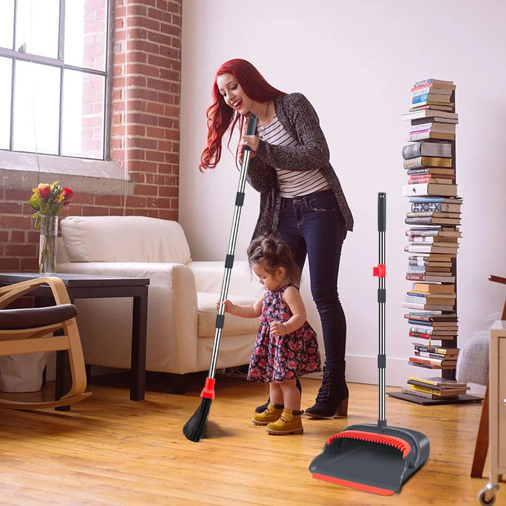 Upgrade Broom Dustpan Set, Long Handle for Indoor Outdoor (Black&Red)