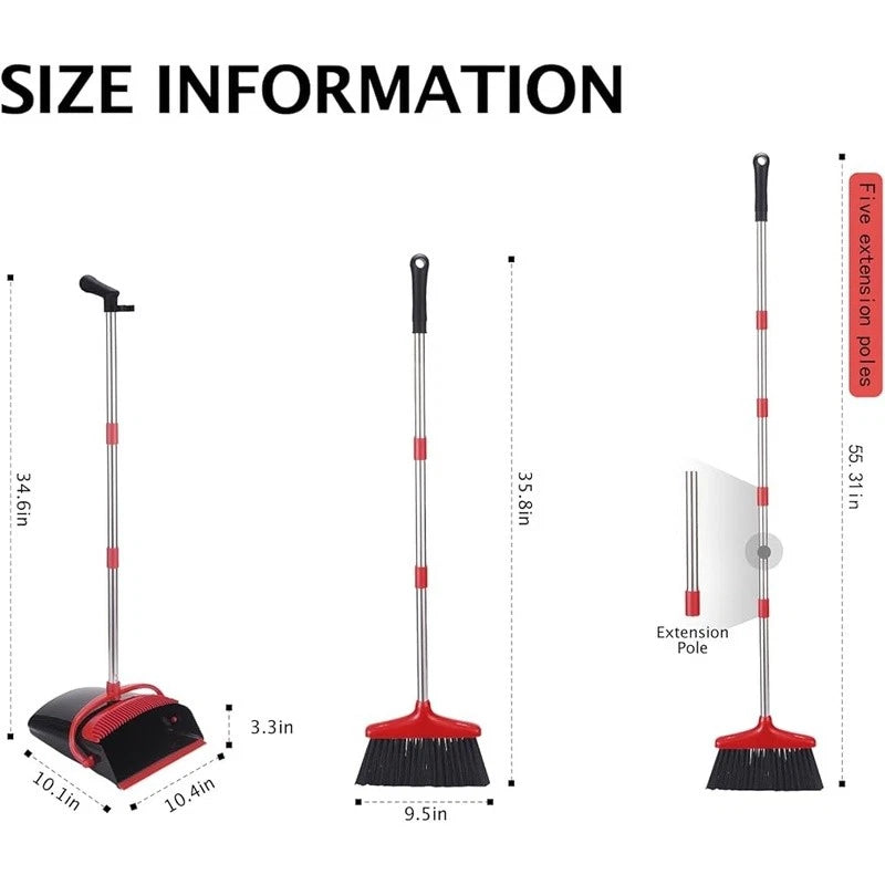 Broom Dustpan Set Long Handle Stainless Steel Easy Clean Hair Removal Pet Hair