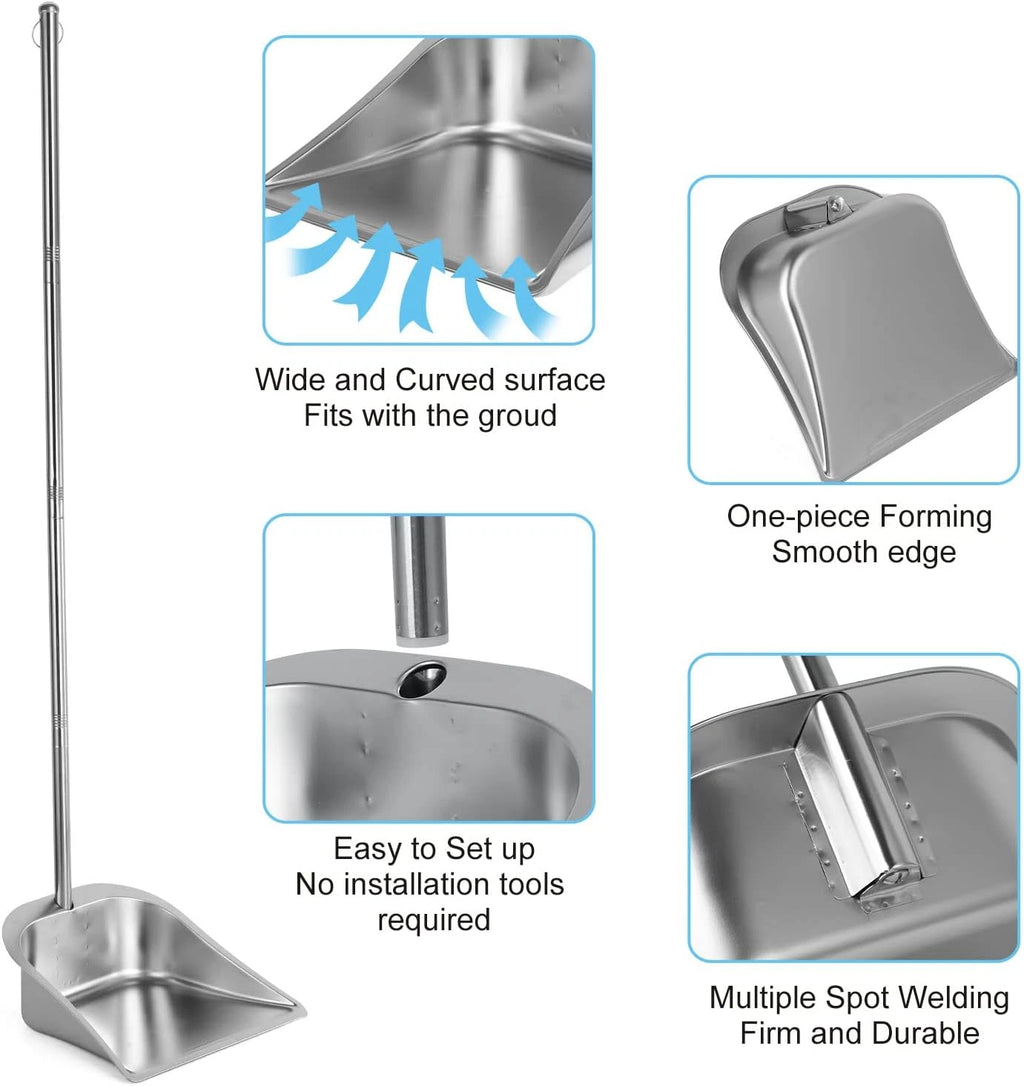 Heavy Duty Dustpan with Long Handle,  43" Stainless Steel Dust Pan Standing Upri
