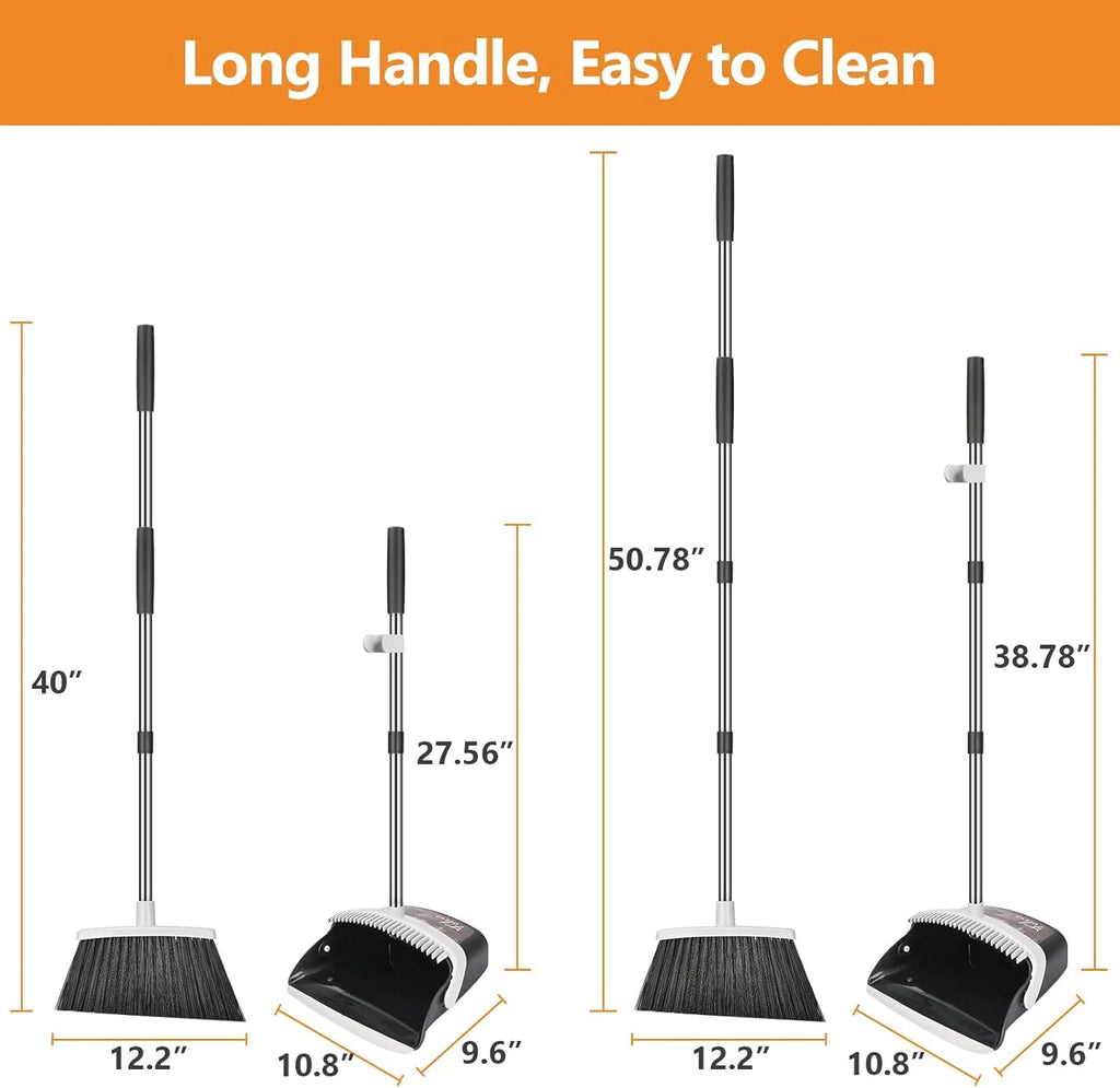 Broom and Dustpan Set, Heavy Duty Dust Pan with Long Handle 51 Inch Broom with D