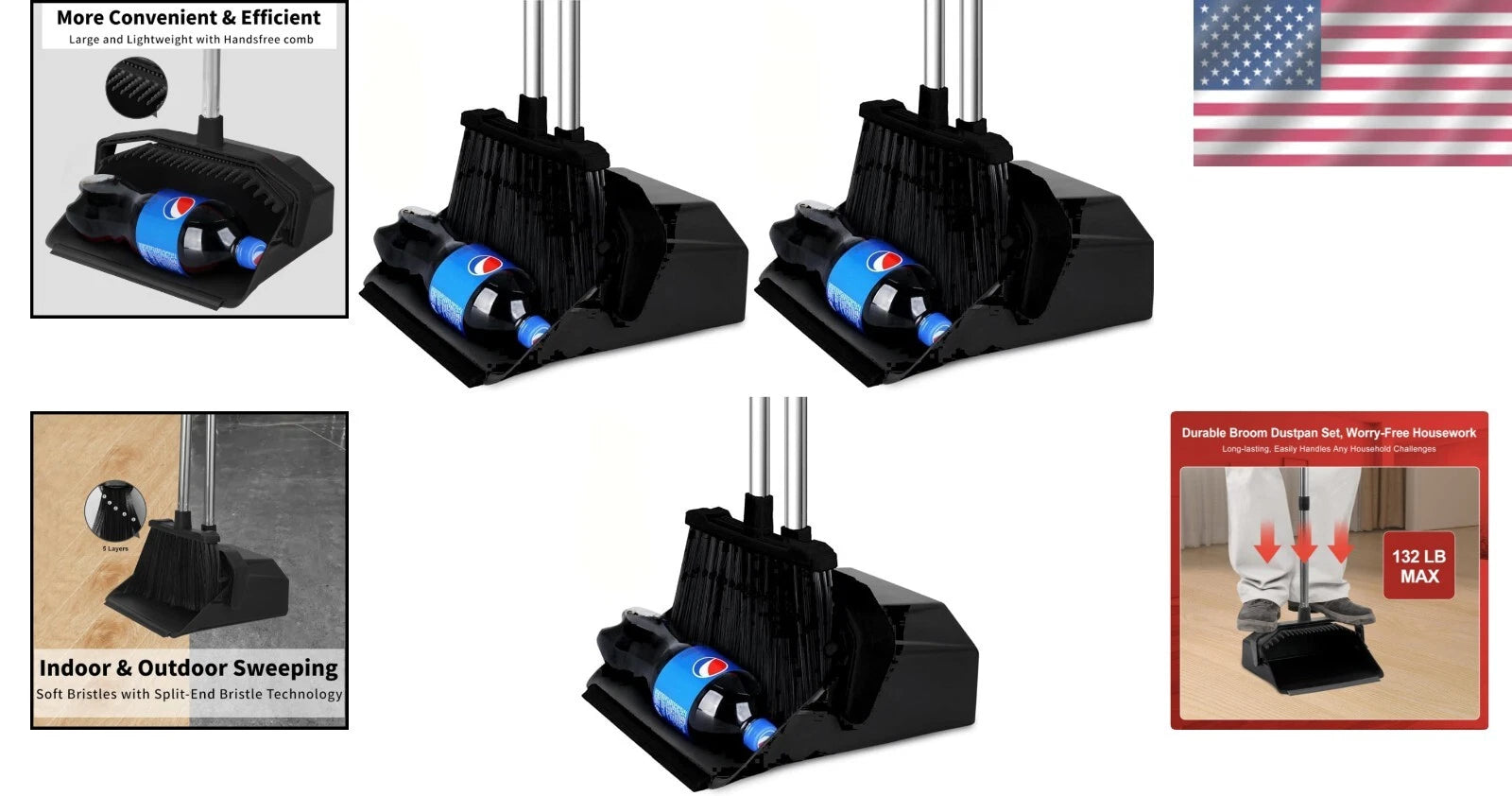 Versatile 3-Pack Broom and Dustpan Set - Perfect for Lobby and Garage Cleaning