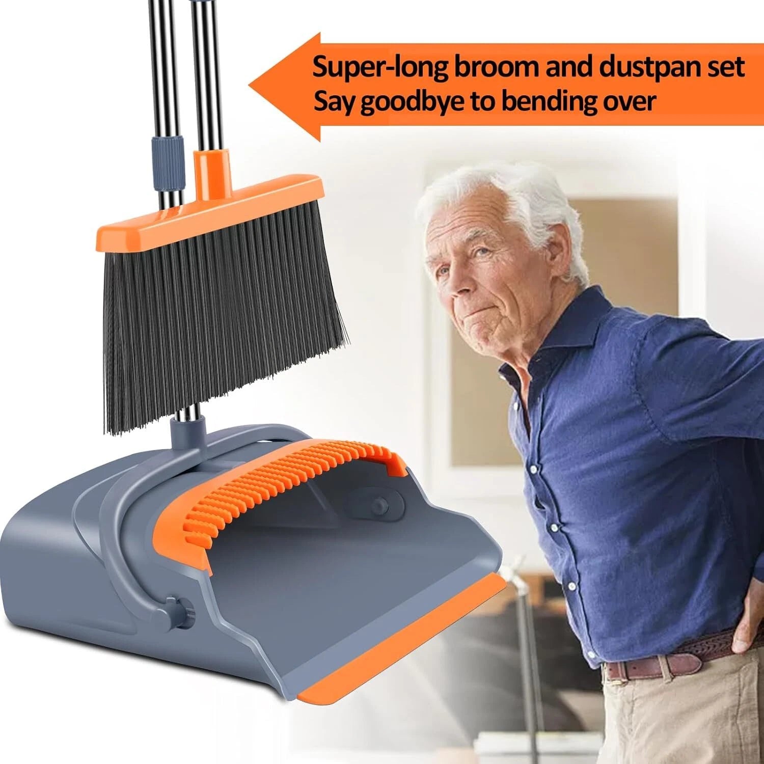 Upgrade Broom Set Self-Cleaning Dustpan Teeth Indoor&Outdoor Ideal (Gray&Orange)