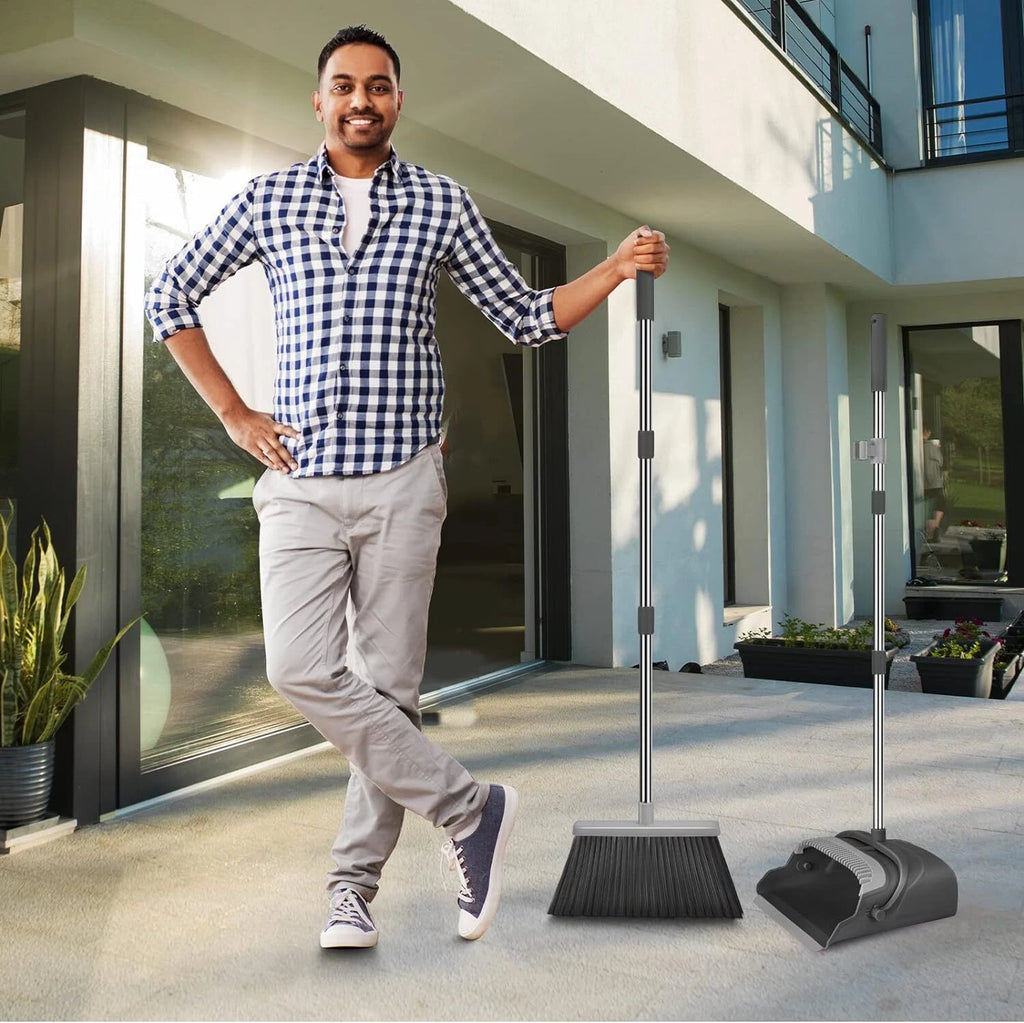Broom Dustpan Set Home Office Indoor Outdoor Stand Up Broom Dustpan (Black&Gray)