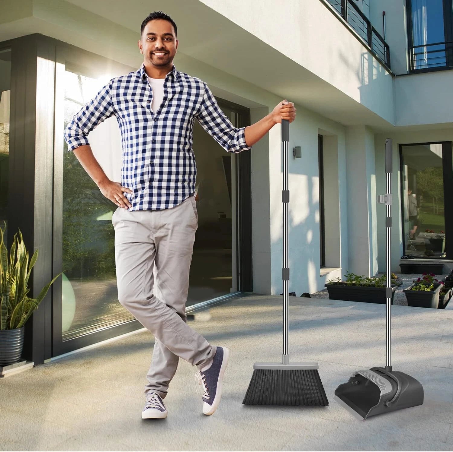 Broom Dustpan Set Home Office Indoor Outdoor Stand Up Broom Dustpan (Black&Gray)