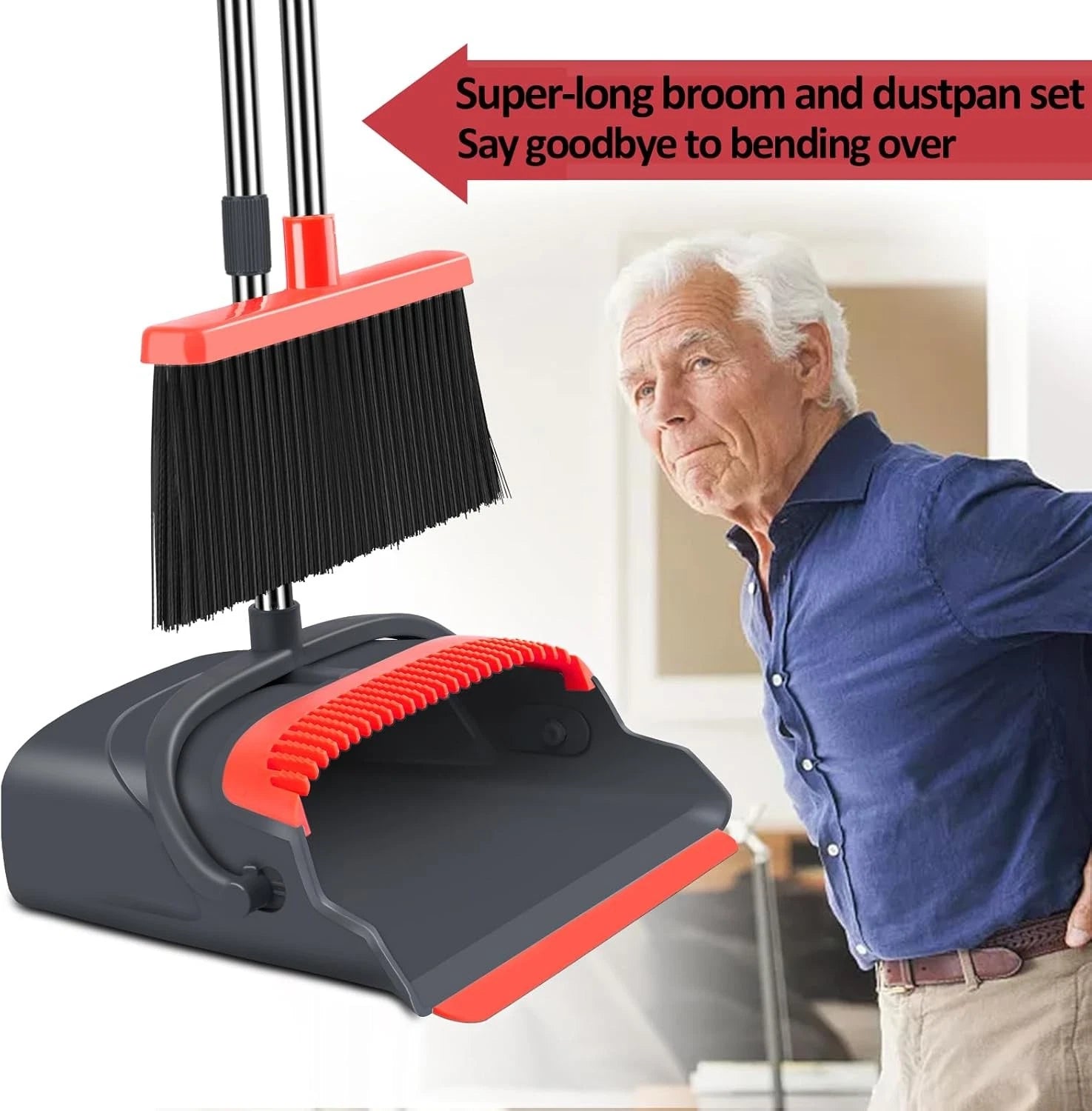 Upgrade Broom Dustpan Set, Long Handle for Indoor Outdoor (Black&Red)