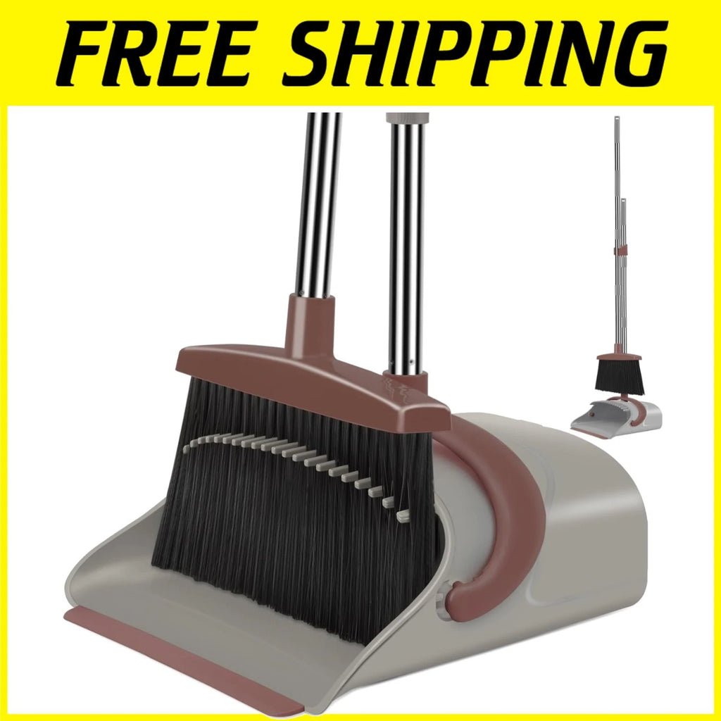 Compact, Bacteria Resistant Broom & Dustpan Set - Stand-Up Storage Solution