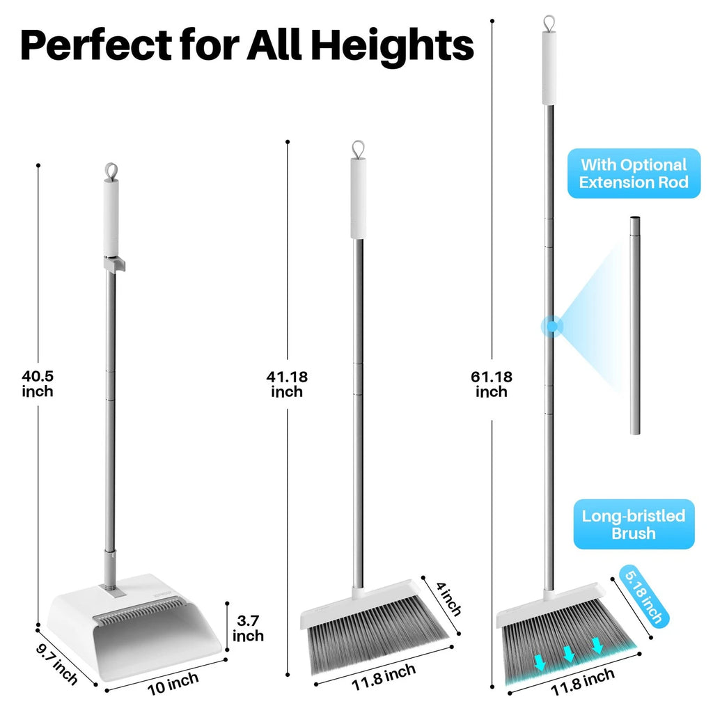 White Broom and Dustpan Set, Upright Design with Comb Teeth for Kitchen & Office