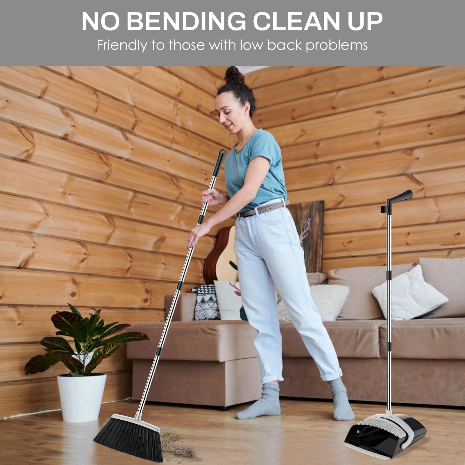 Broom and Dustpan Set for Home 51-in Long Adjustable Handle Angle Broom and D...
