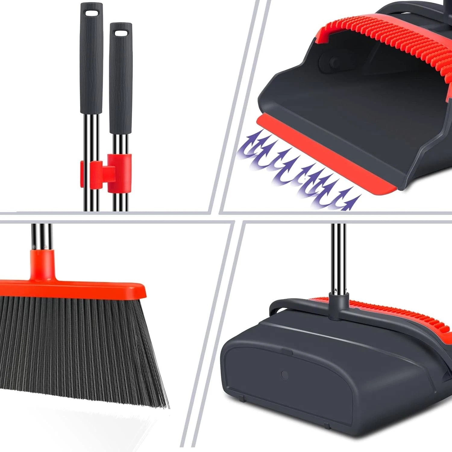 Upgrade Broom Dustpan Set, Long Handle for Indoor Outdoor (Black&Red)