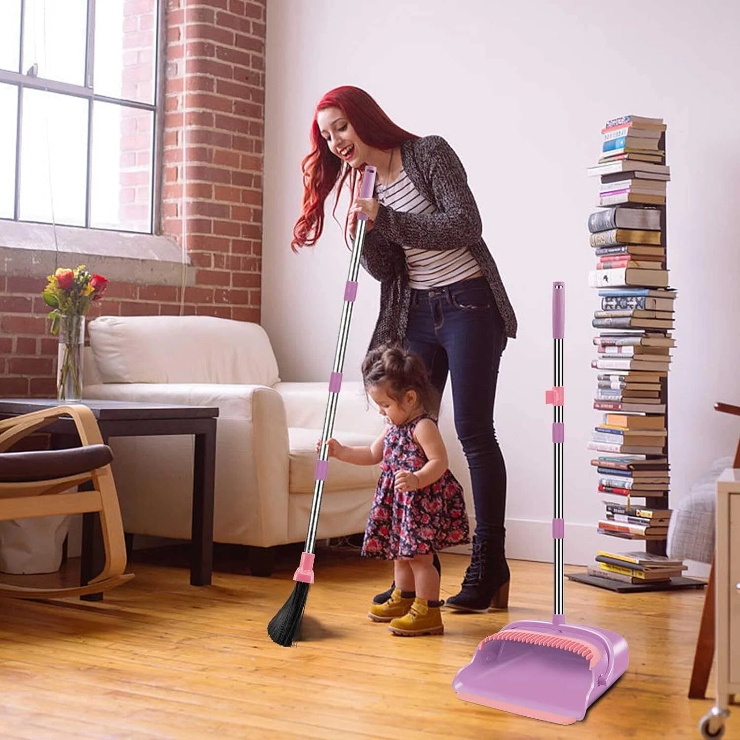 Broom  Dustpan Set Home Office Indoor&Outdoor  Stand Up Broom Dustpan (Pink)