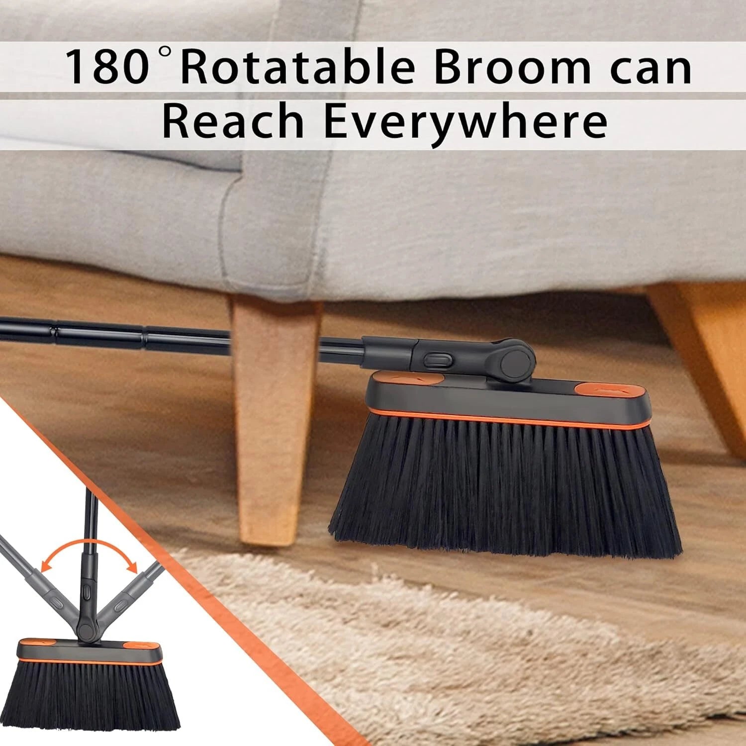 JEHONN Broom and Dustpan Set for Home, Long Handle Orange Black