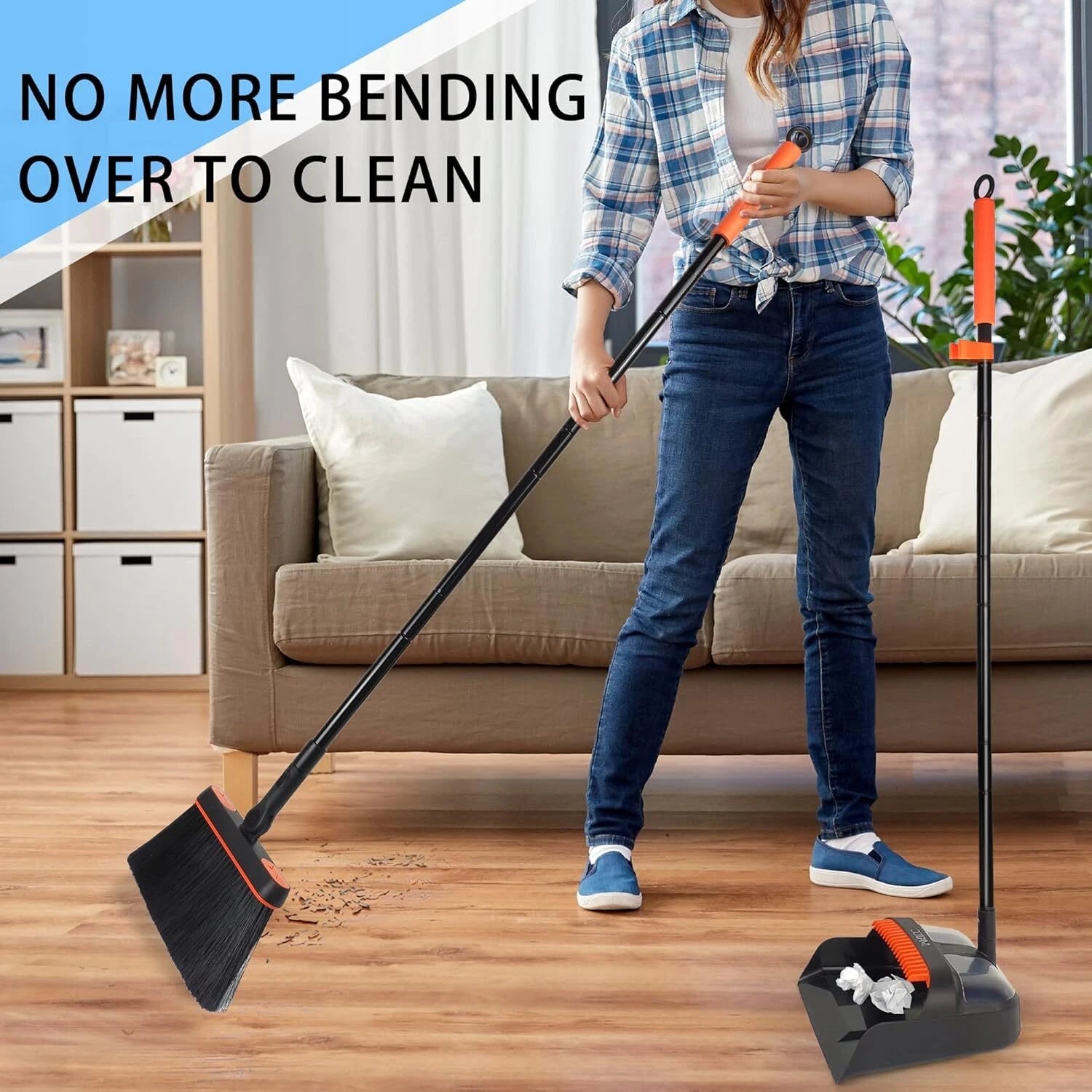 JEHONN Broom and Dustpan Set for Home, Long Handle Orange Black