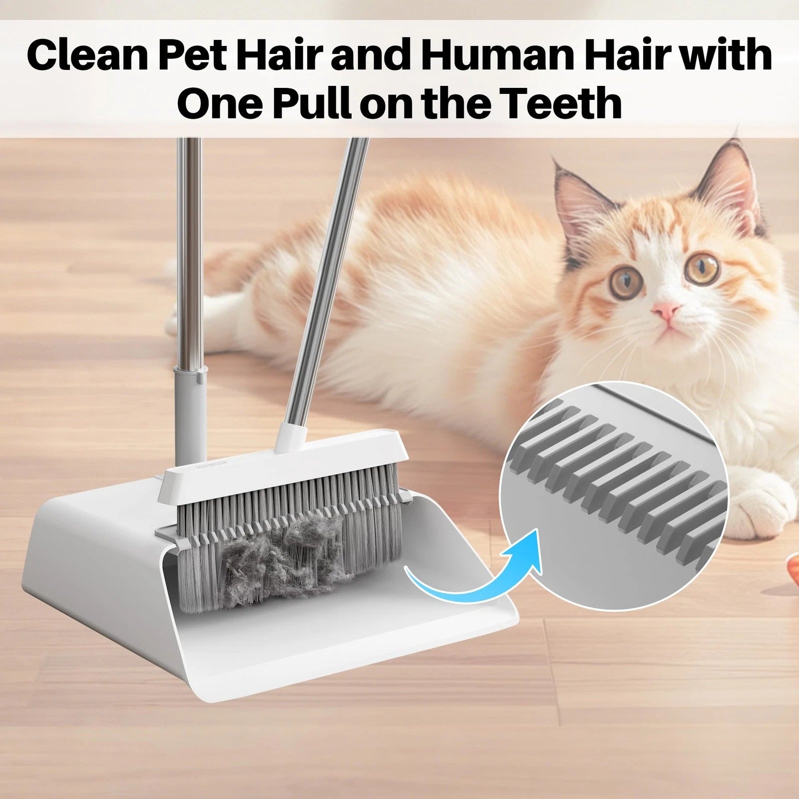 White Broom and Dustpan Set, Upright Design with Comb Teeth for Kitchen & Office
