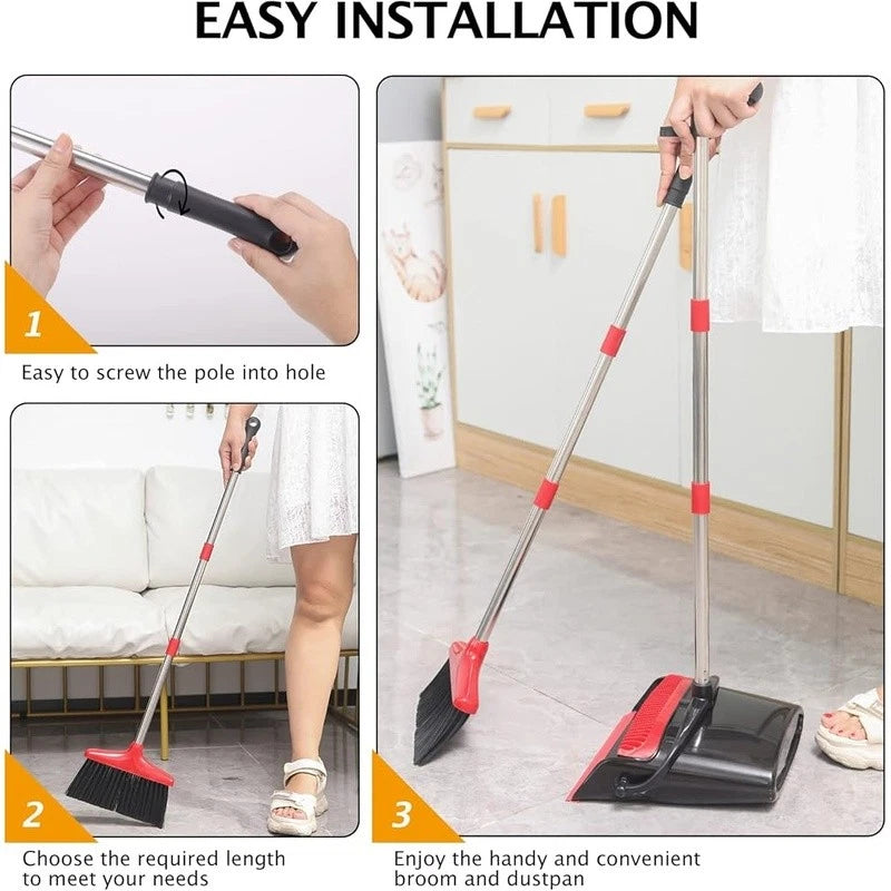 Broom Dustpan Set Long Handle Stainless Steel Easy Clean Hair Removal Pet Hair