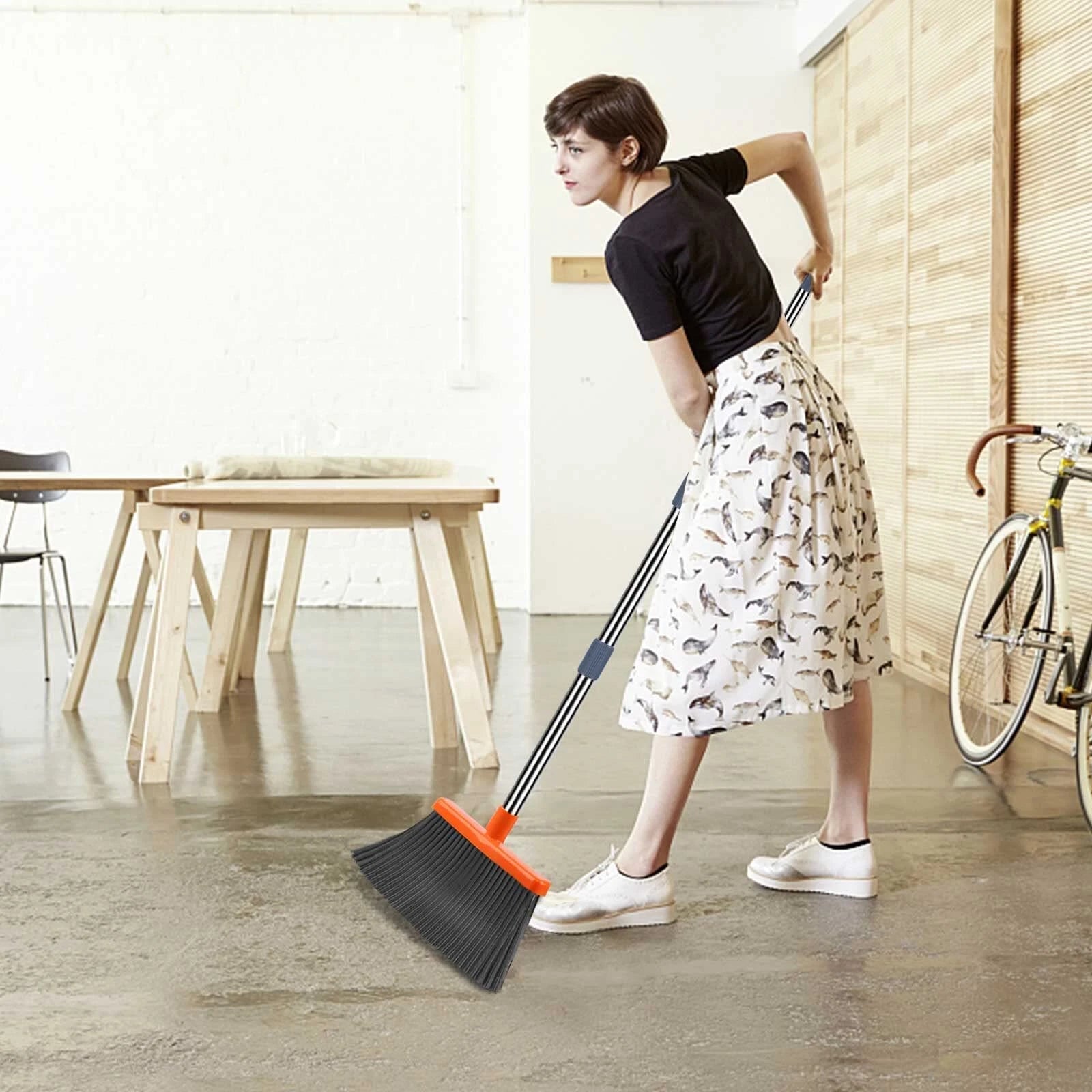 Broom and Dustpan Set Self-Cleaning with Dustpan Teeth Indoor New