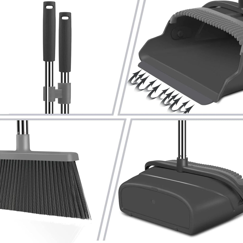 Broom Dustpan Set Home Office Indoor Outdoor Stand Up Broom Dustpan (Black&Gray)