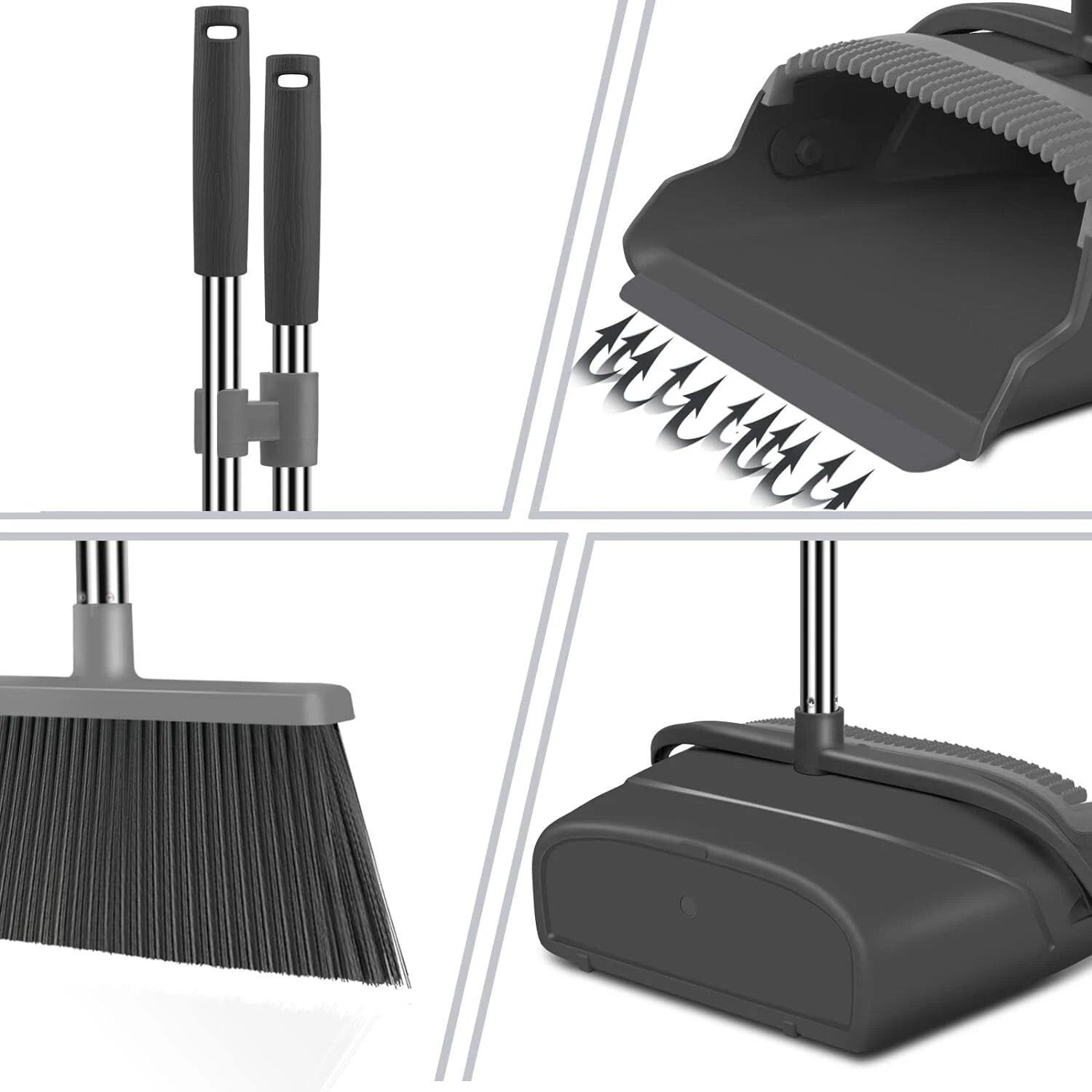 Broom Dustpan Set Home Office Indoor Outdoor Stand Up Broom Dustpan (Black&Gray)