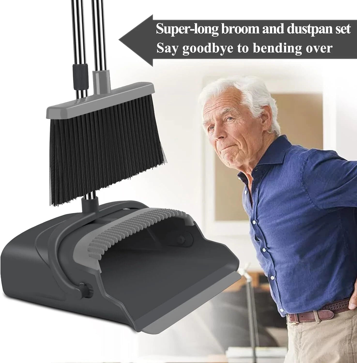Broom Dustpan Set Home Office Indoor Outdoor Stand Up Broom Dustpan (Black&Gray)
